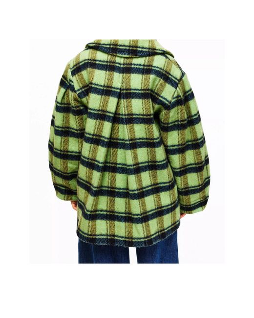 Ganni Green Brushed Wool Check Teddy Coat