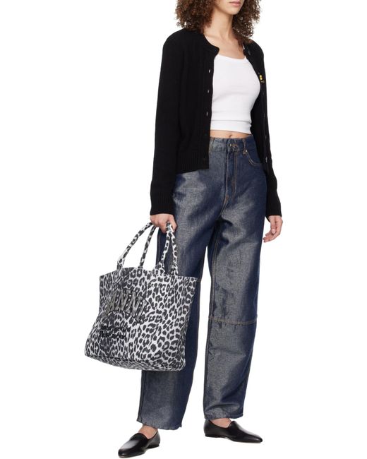 Ganni Black Leopard Printed Medium Tote Bag
