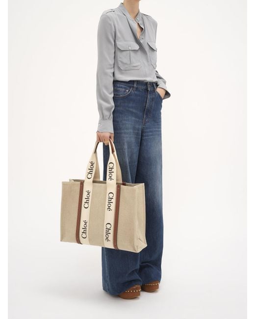 Chloé Natural Chloé Woody Logo Tape Large Tote Bag