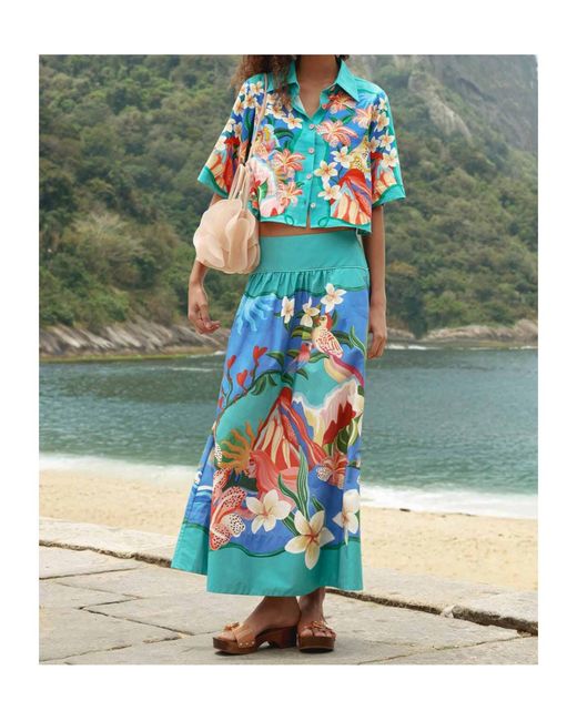 Farm Rio Blue Garden Of Life Midi Skirt