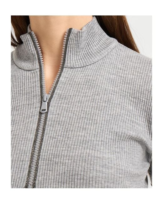 Brunello Cucinelli Gray Ribbed Zip-Neck Top