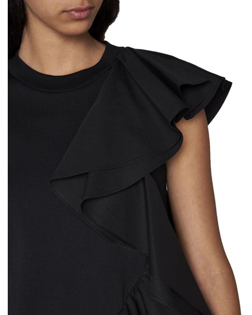 McQueen Black Asymmetric Ruffled Crewneck Top