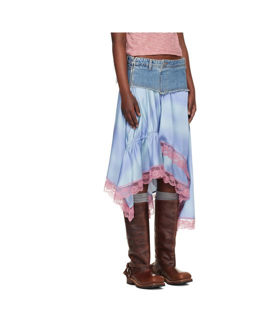 ANDERSSON BELL Blue Denim Patchwork Lace Trim Midi Skirt
