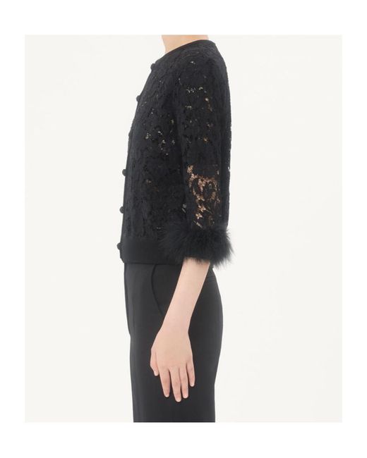 Valentino Black Lace Feather-Trim Cardigan