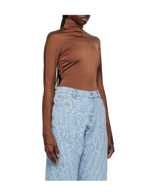 Mugler Blue Logo-Appliqué Satin Bodysuit