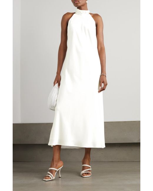 Galvan White Halter Neck Satin Midi Dress