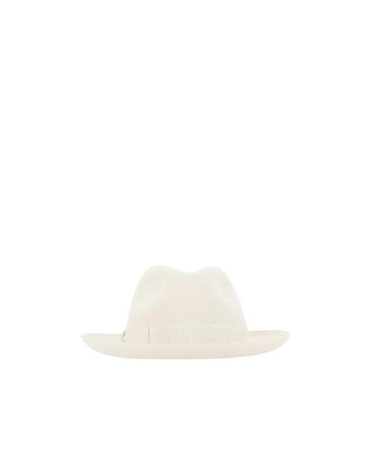 Borsalino White Ribbon-Trimmed Wide-Brim Fedora Hat
