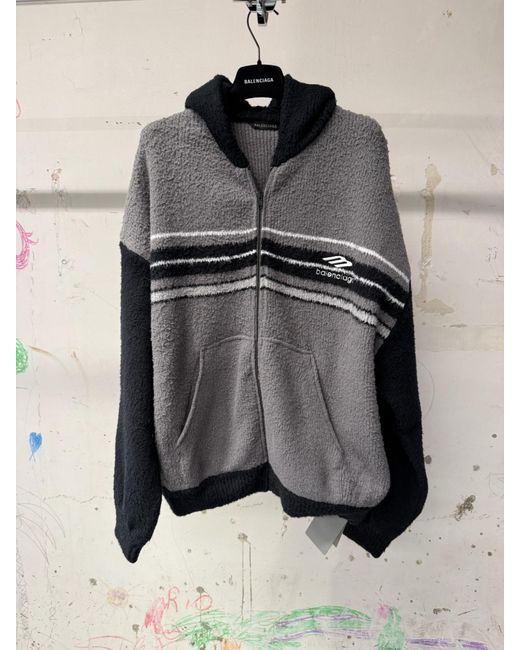 Balenciaga Gray Logo Embroidered Zip-Up Knit Jacket for men