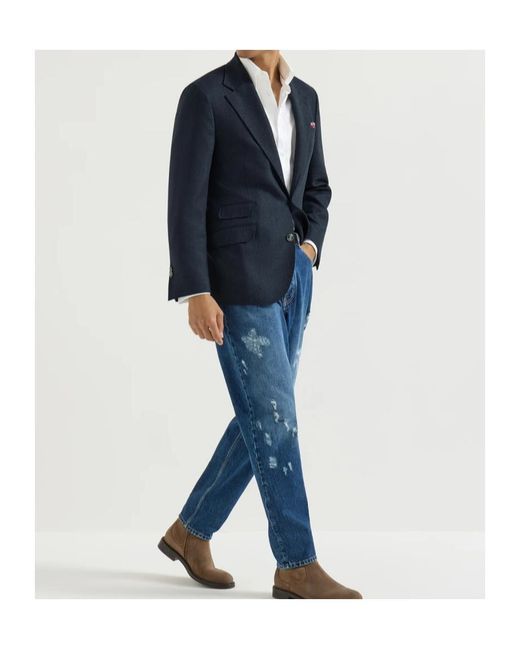 Brunello Cucinelli Blue Mouliné Virgin-Wool Twill Deconstructed Cavallo Blazer With Metal Buttons for men