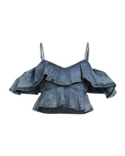 Isabel Marant Blue Thin-Strap Off-Shoulder Cropped Denim Top