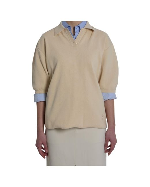 Frankie Shop Natural Nola Puff-Sleeve Knit Polo Top