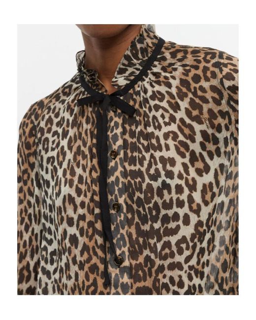 Ganni Gray Leopard Printed Chiffon Tie String Shirt