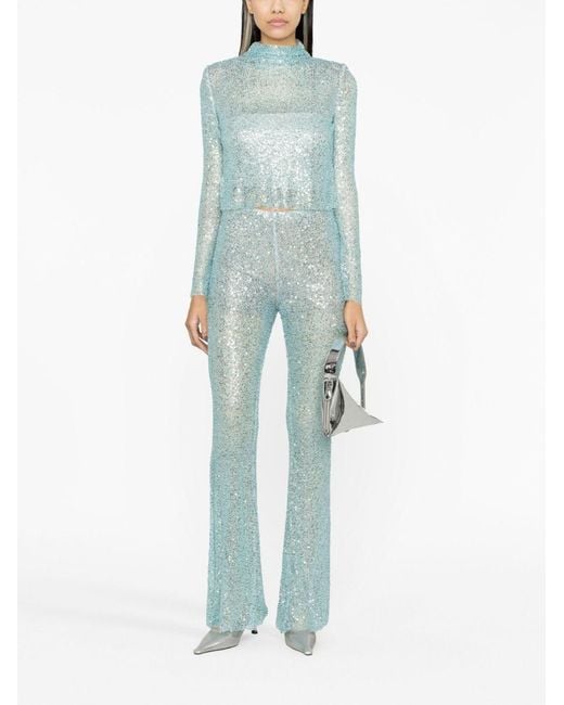 Self-Portrait Blue Sequin-Embellished Fishnet Trousers