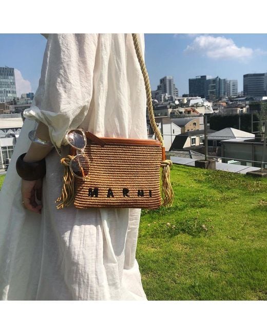 Marni Brown Marcel Logo Embroidered Crossbody Bag