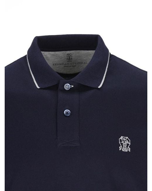 Brunello Cucinelli Blue Logo Embroidered Short-Sleeved Polo Shirt for men