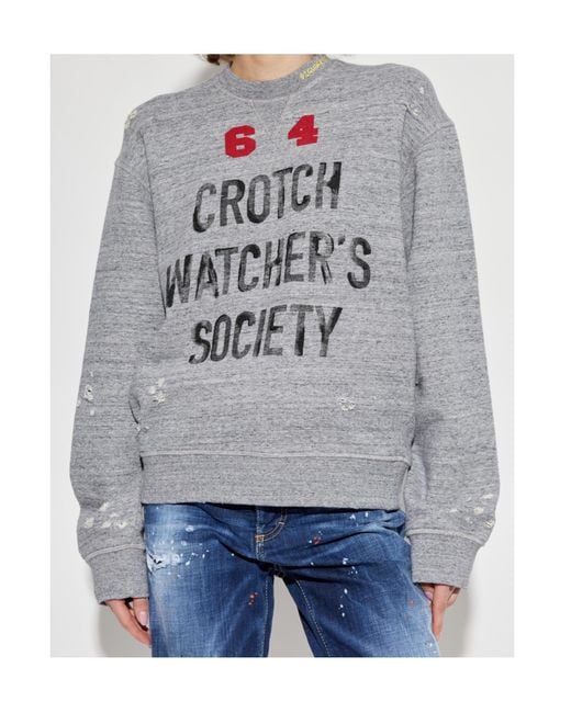 DSquared² Gray Slogan Printed Crewneck Distressed Sweatshirt
