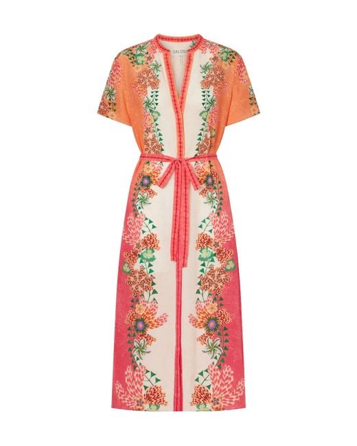 Saloni Red Floral-Print Silk Midi Dress