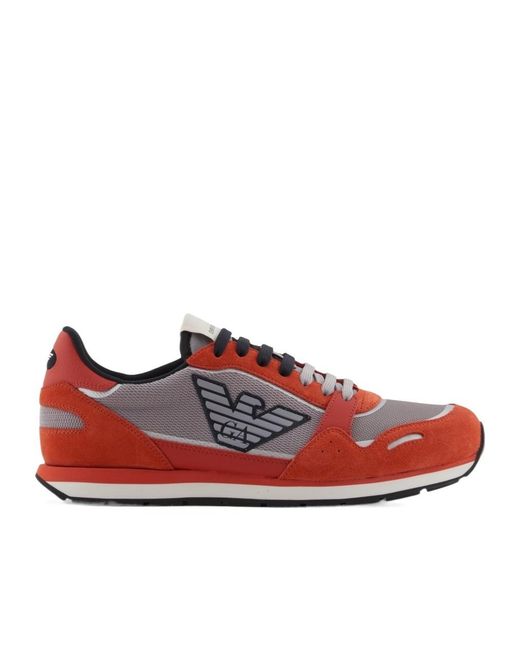 Emporio Armani Red Mesh Sneakers With Suede Details And Eagle Patch for men