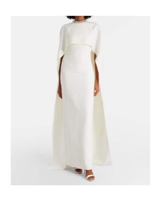 Roland Mouret White Crystal-Embellished Caped Crepe Gown