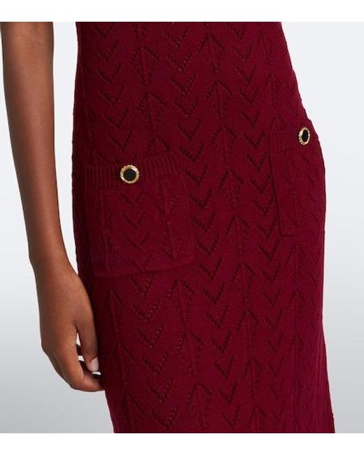 Alessandra Rich Red Ruffled Knitted Pointelle Midi Dress