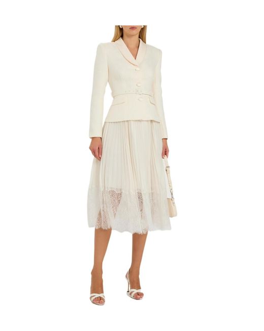 Self-Portrait White Tailored Belted Bouclé And Chiffon Midi Dress