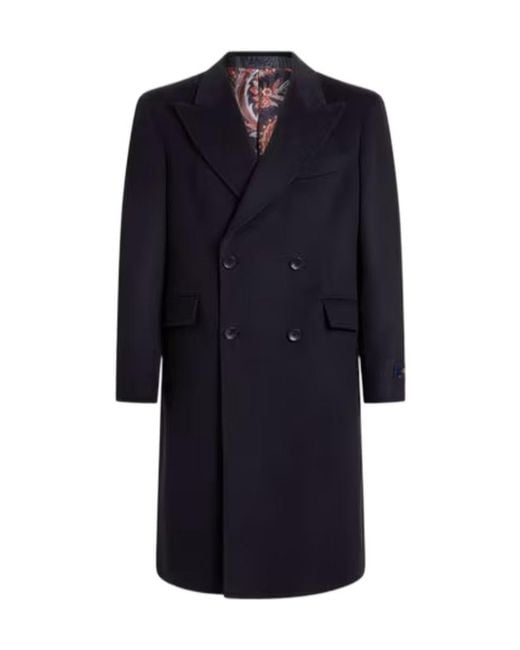 Etro Blue Double-Breasted Cashmere Coat for men