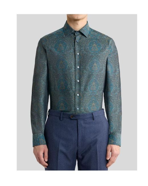 Etro Blue Cotton Jacquard Shirt With Ornamental Motif for men