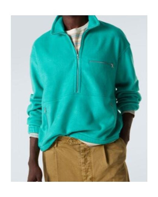Auralee Green Silk Fleece Half-Zip Sweater for men