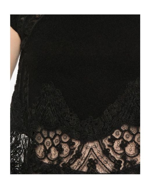 Ermanno Scervino Black Lace-Trim Cap-Sleeve Top