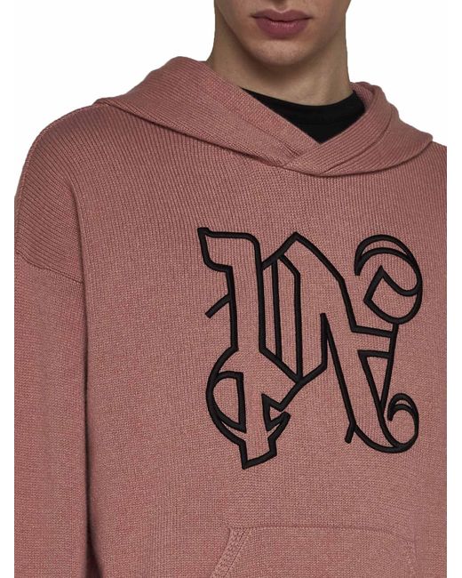Palm Angels Pink Monogram Embroidered Knitted Hoodie for men