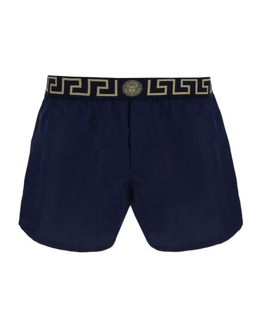 Versace Blue Greca Border Elasticated Waistband Swim Shorts for men