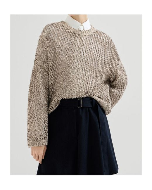 Brunello Cucinelli Brown Silk-Linen-Blend Net Sweater