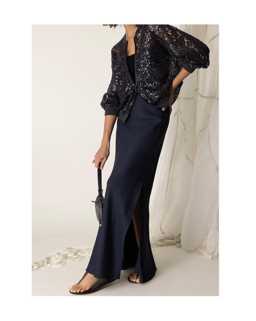 Brunello Cucinelli Blue Side Slit Twill Maxi Skirt
