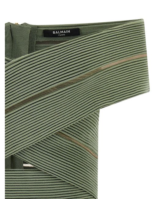 Balmain Green Off-The-Shoulder Crop Top