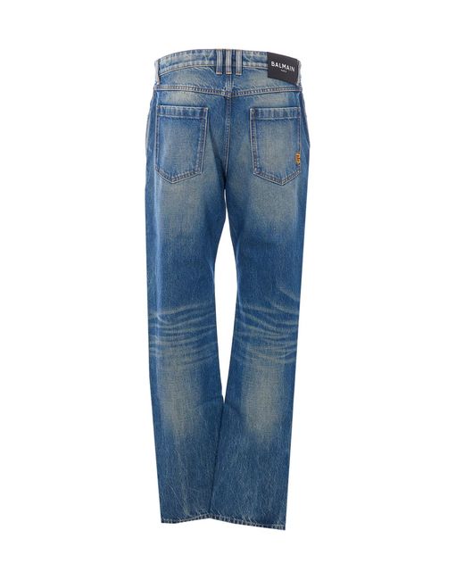 Balmain Blue Logo Patch Straight Leg Jeans for men