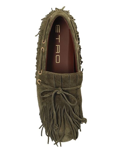 Etro Green Fringed Moccasin Flat Shoes