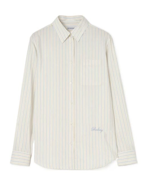 Burberry White Classic Fit Striped Silk Cotton Shirt