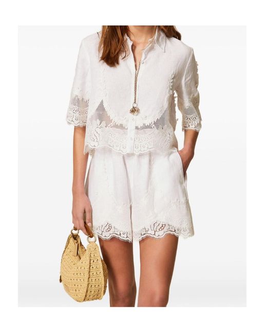 Twinset White Scalloped Lace Trim Shorts