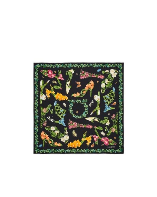 Ferragamo Green Eden Shoes Print Silk Scarf
