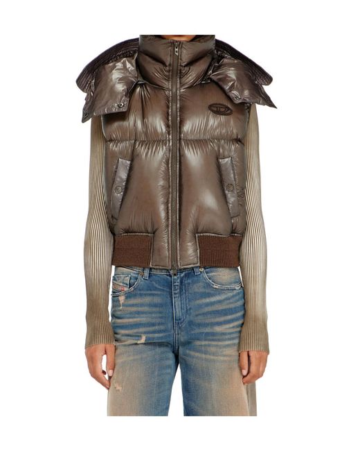 DIESEL Brown Padded Down Vest With Removable Hood, Extra-High Quilted Collar, Ribbed Hem & D-Logo Patch (Size 49)