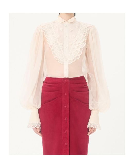 Valentino White Embroidered Organza Puff-Sleeve Top