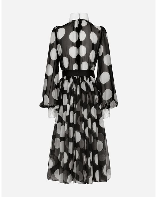 Dolce & Gabbana Black Polka-Dot Chiffon Calf-Length Dress