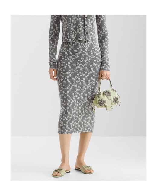 Fendi Gray Floral Motif Layered Effect Midi Skirt