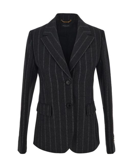 Versace Black Logo Printed Single-Breasted Blazer