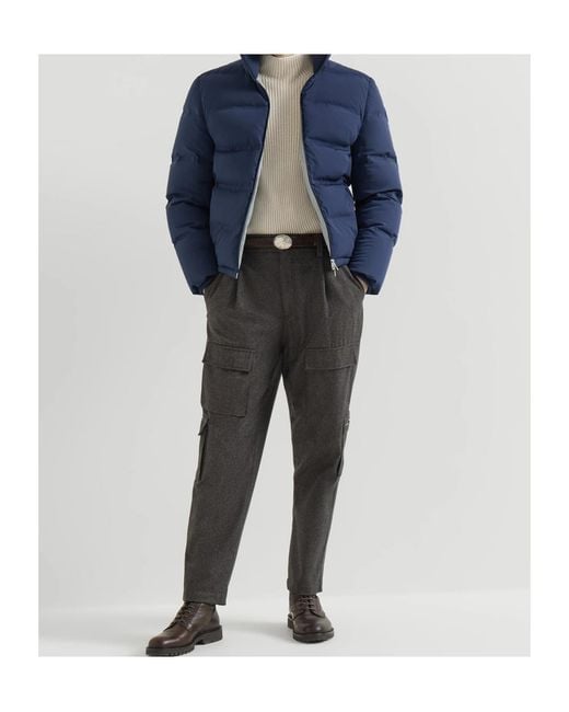 Brunello Cucinelli Blue Stretch Bonded Nylon Down Jacket With Heat-Bonded Seams And Detachable Hood for men