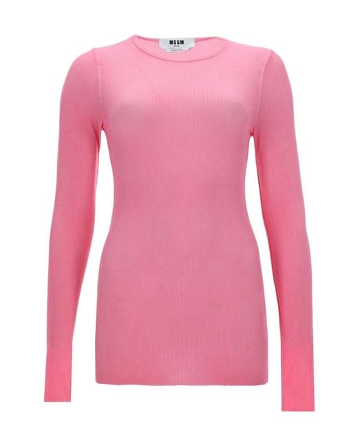 MSGM Pink Ribbed Long-Sleeve Knitted Top