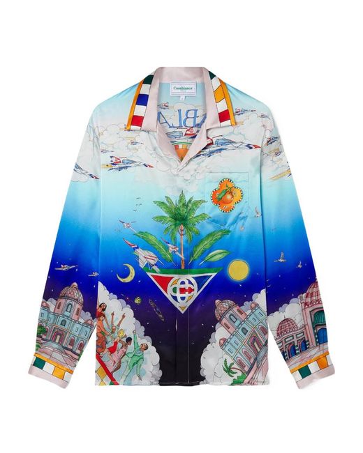 Casablanca Blue Cuban-Collar Silk Shirt for men