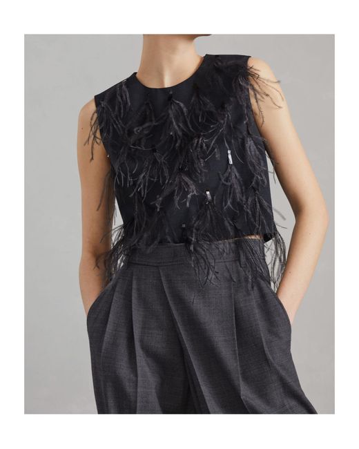 Brunello Cucinelli Black Feather Detailed Sleeveless Crewneck Top