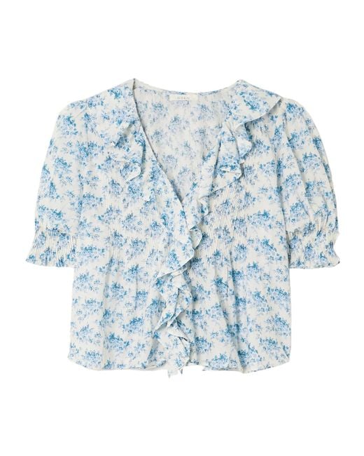 Doen Blue Henri Ruffled Pintucked Floral-Print Organic Cotton-Voile Top