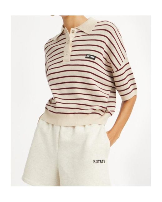 ROTATE BIRGER CHRISTENSEN Natural Striped Cropped Polo Top